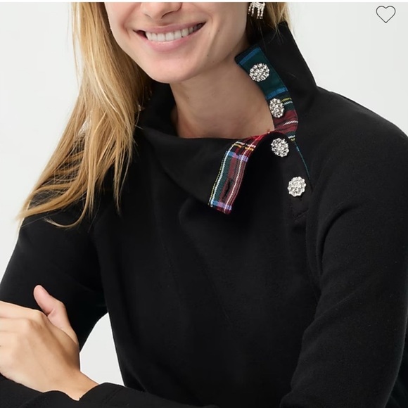 J Crew Tartan Jeweled Button-Neck Pullover Sweatshirt in Black Size M - Picture 2 of 7